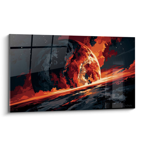 Planète rouge en fusion aux flammes orangées sur fond anthracite étoilé, composition cosmique intense