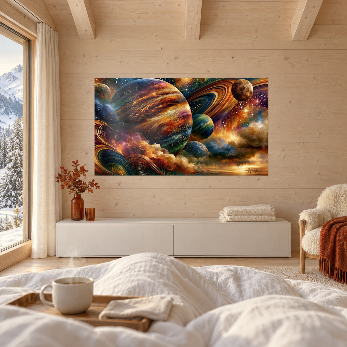 Tableau monde gazeux marbré de rouille et d'émeraude, anneaux orangés, nuages crème, au-dessus d'un lit dans une chambre claire