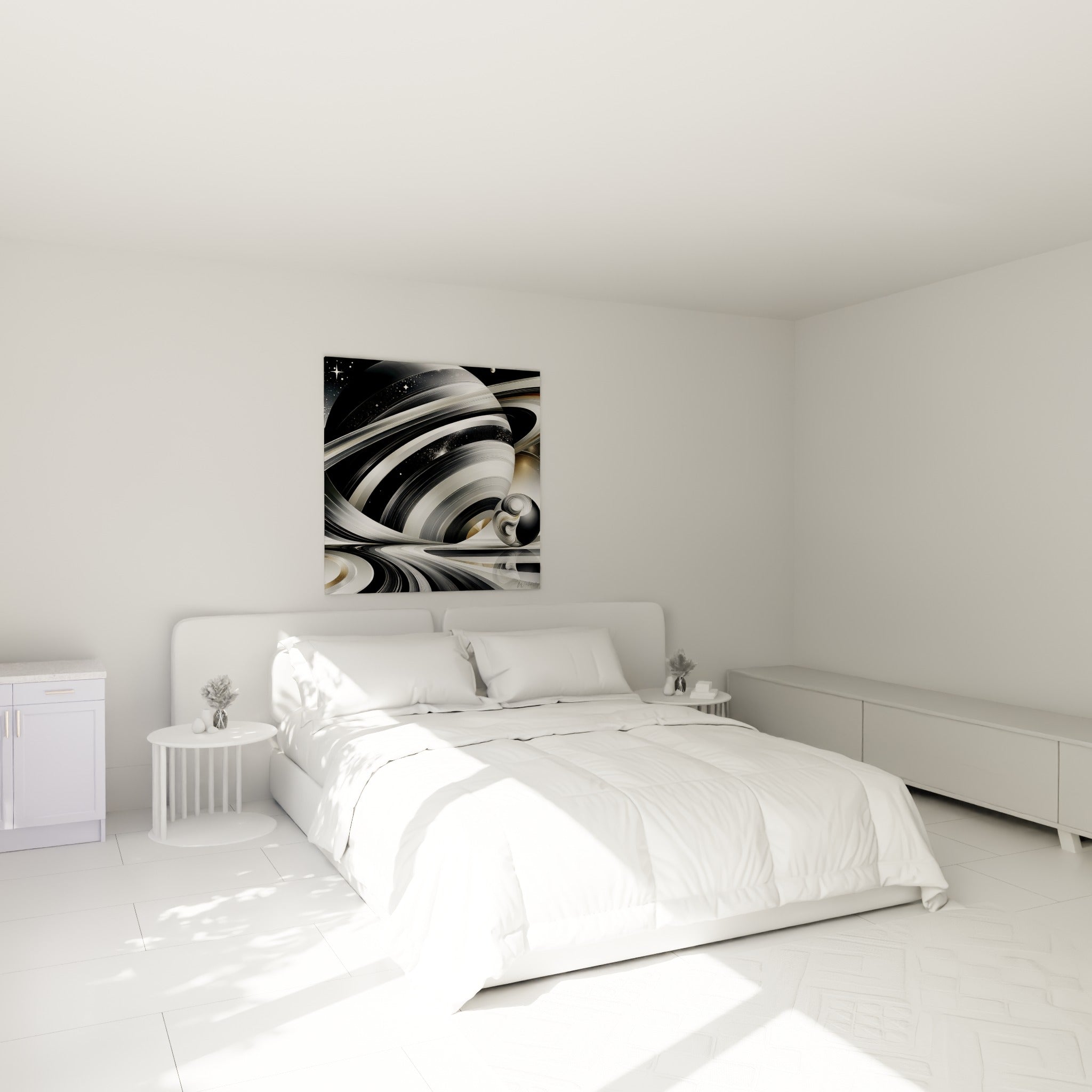 Géante gazeuse anthracite et argentée aux anneaux tourbillonnants, au-dessus d'un lit dans une chambre claire