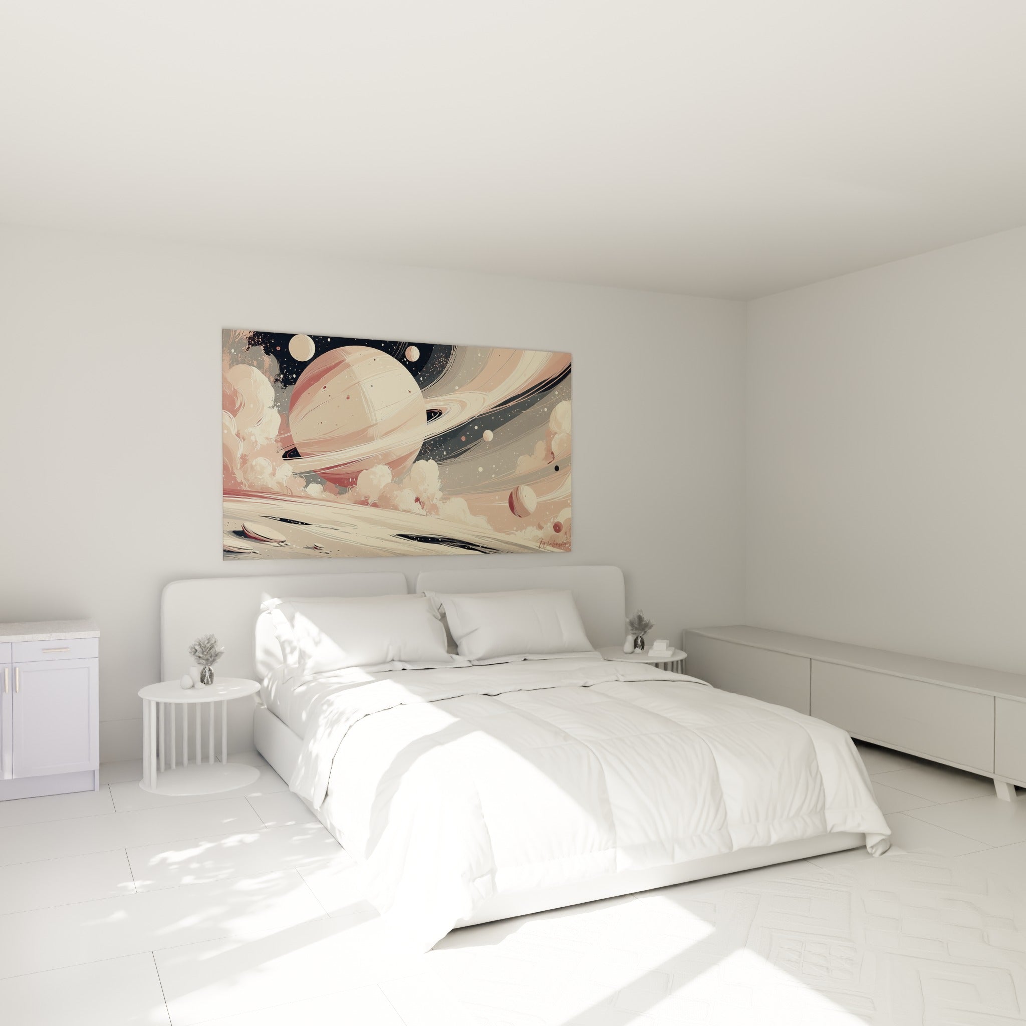 Géante gazeuse rose et beige aux anneaux fluides, au-dessus d'un lit dans une chambre claire