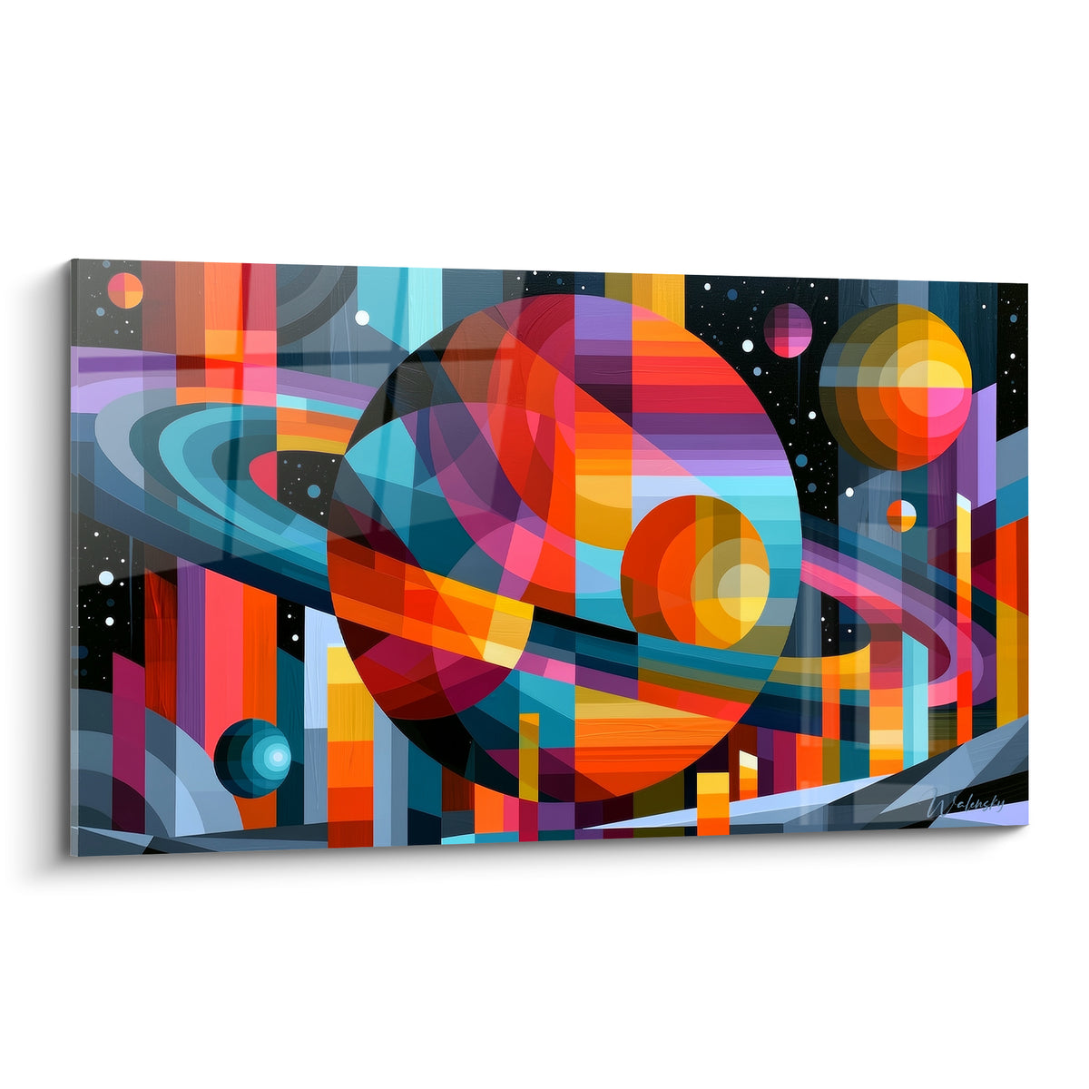 Planète géométrique orange et turquoise cernée d'anneaux colorés sur fond étoilé sombre