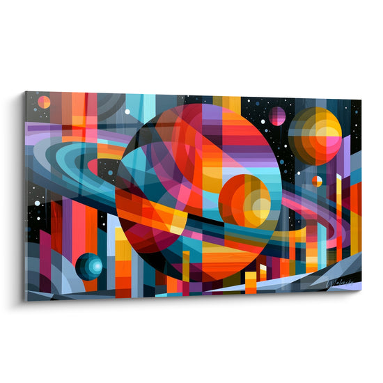 Planète géométrique orange et turquoise cernée d'anneaux colorés sur fond étoilé sombre