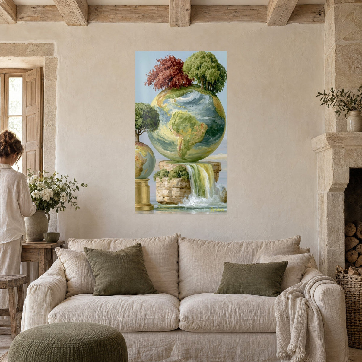 Wall art terrestrial globe with green and blue continents, tree-covered, red tree and waterfall, above a sofa in a bright living room