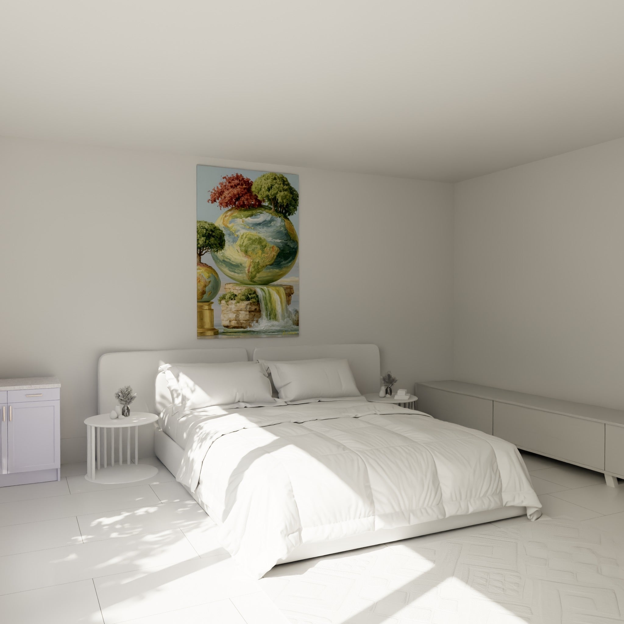 Globe terrestre aux tons vert sauge et ocre surplombant une cascade, au-dessus d'un lit dans une chambre claire