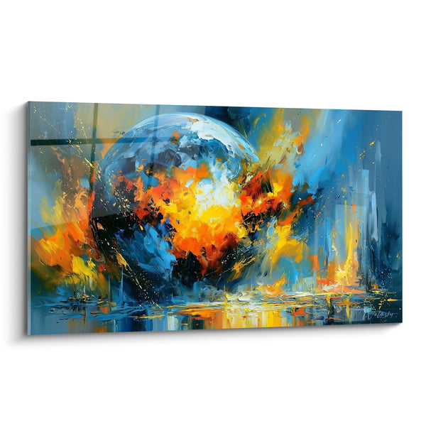 Tableau Globe terrestre bleu et orange en fusion - Naissance incandescente - Edition Planète