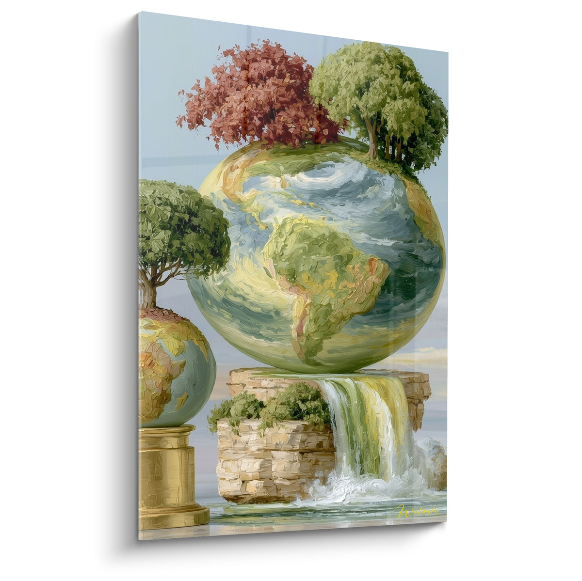 Globe terrestre vert et bleu couronné d'arbres bordeaux, posé sur une cascade dorée