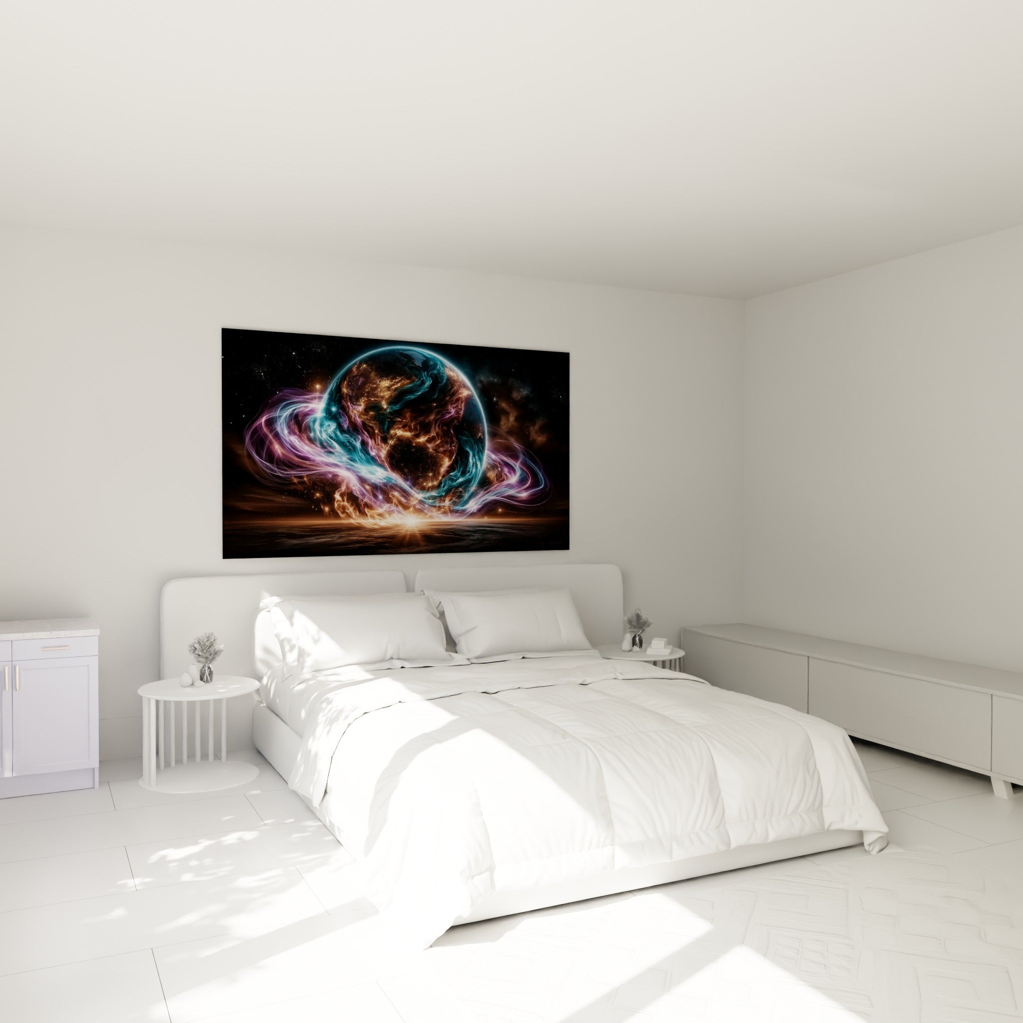 Globe terrestre bleu et cuivré cerné de lumières mauves, au-dessus d'un lit dans une chambre claire