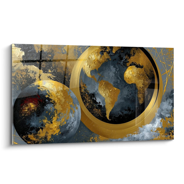 Tableau Globe terrestre doré et anthracite aux continents ciselés - Anneau circulaire gravé - Edition Planète