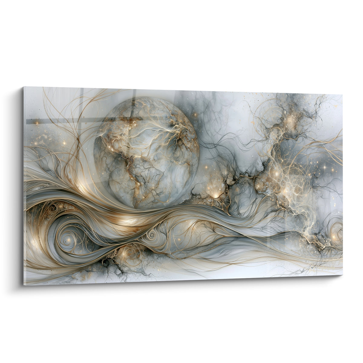 Globe terrestre gris et doré traversé de filaments lumineux sur fond de marbre clair, tableau Planète.