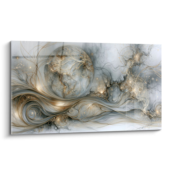 Globe terrestre gris et doré traversé de filaments lumineux sur fond de marbre clair, tableau Planète.
