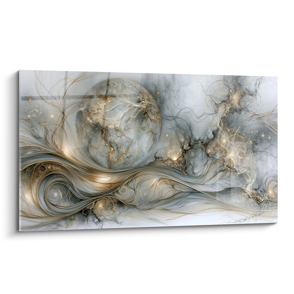 Tableau Globe terrestre gris et doré aux volutes filigranées - Vagues d'or fractales - Edition Planète