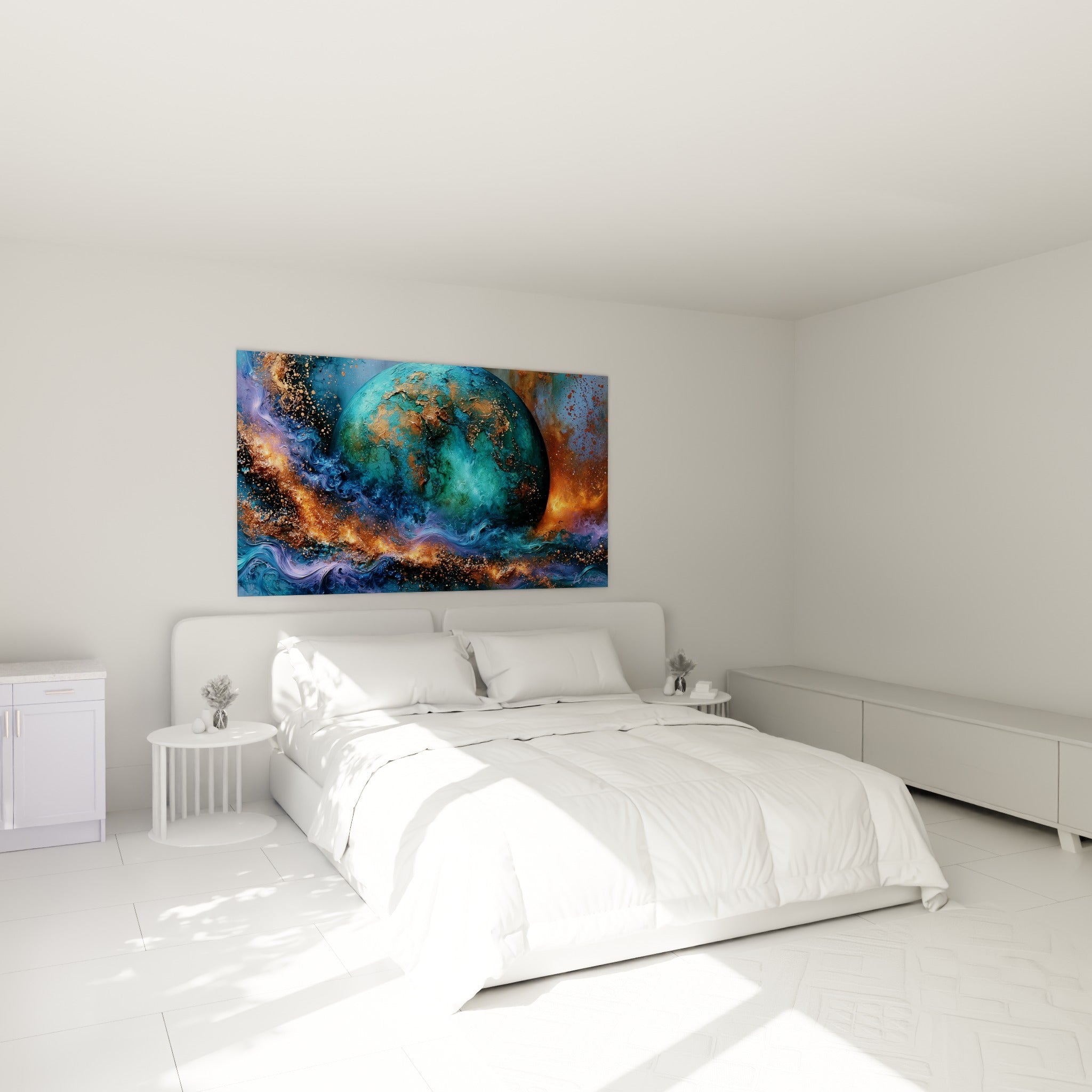 Sphère planétaire turquoise et ocre flottant au-dessus d'un lit dans une chambre claire