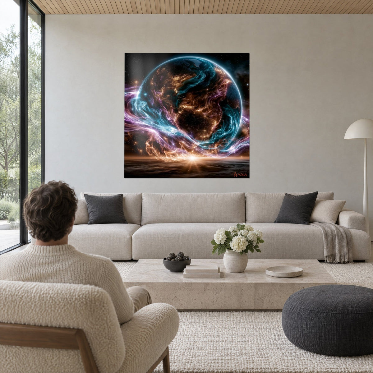 Gemälde Erdglobus mit türkisfarbenen und violetten Schwaden, goldene Lichter der Kontinente, über einem Sofa in einem hellen Wohnzimmer