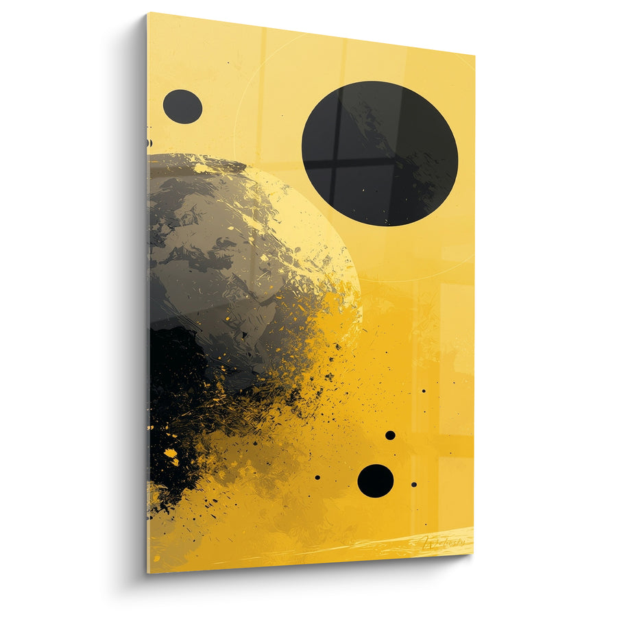 Tableau Globe terrestre gris et jaune en éclats - Petites sphères noires flottantes - Edition Planète