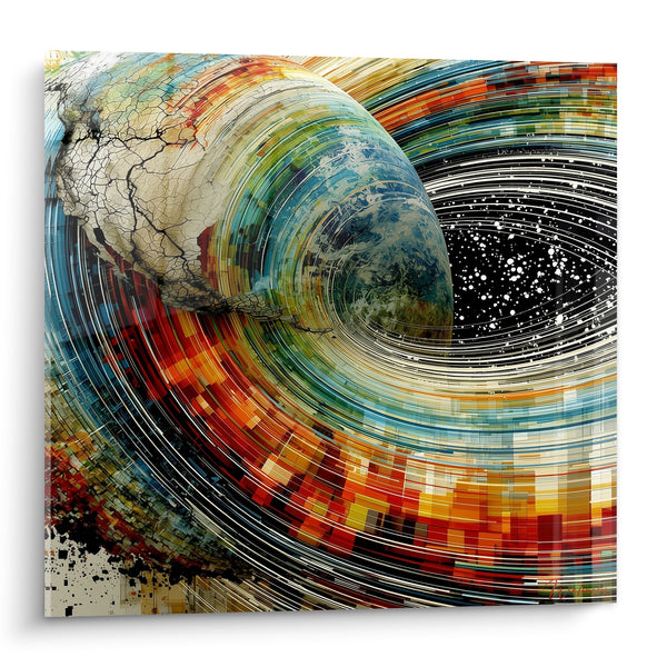Tableau Sphère craquelée rouge et bleu en spirale concentrique - Fond étoilé pixelisé - Edition Planète