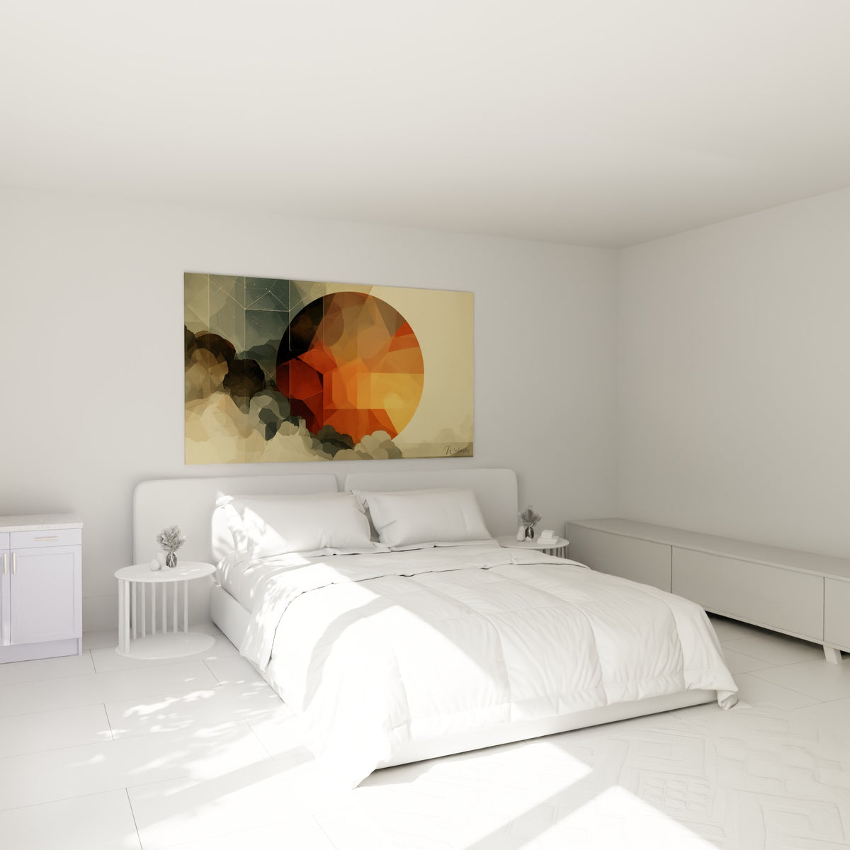 Globe facetté orange incandescent et gris fumé accroché au-dessus d'un lit dans une chambre claire