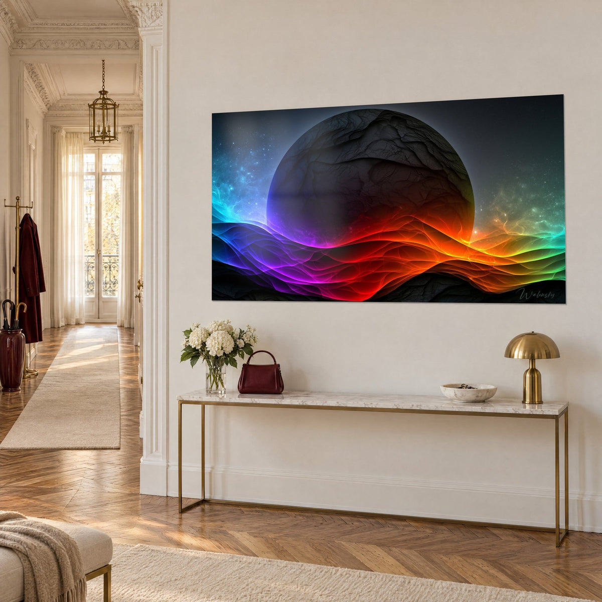 Wall art dark striped planet resting on violet waves and fiery red, gold console below, three-quarter view, Haussmann-style salon