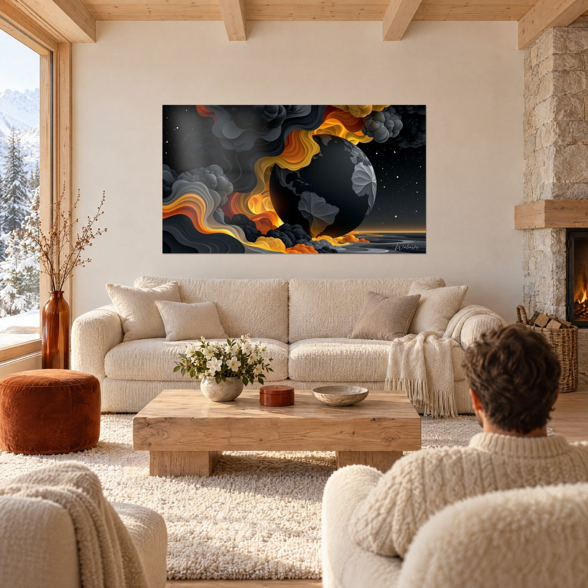 Tableau globe noir aux continents gris argentés, volutes de fumée ocre et orange, au-dessus d'un canapé dans un salon lumineux