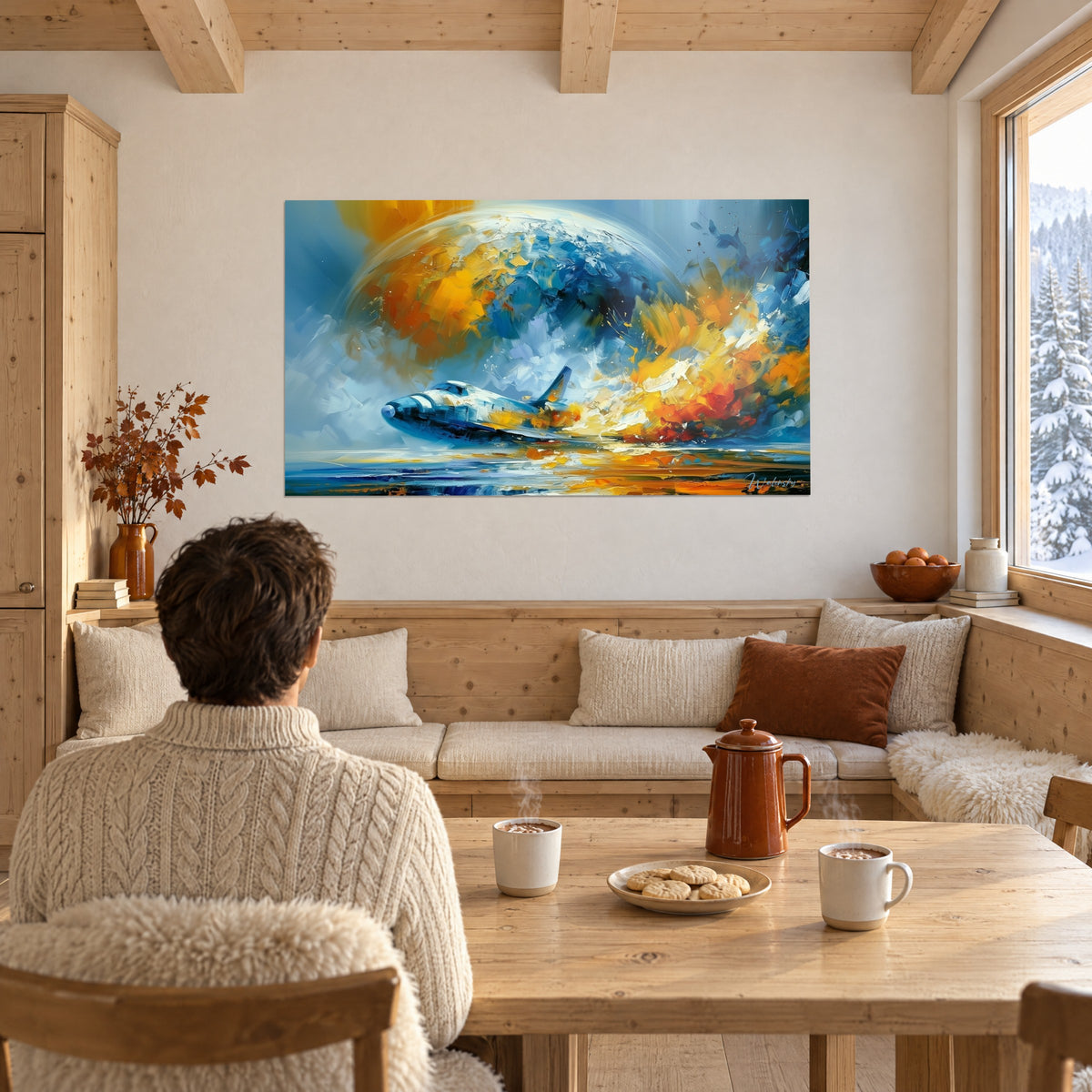 Tableau planète bleutée striée d'ocre et de rouille, navette sur l'eau, personne de dos près d'une table de chalet en bois