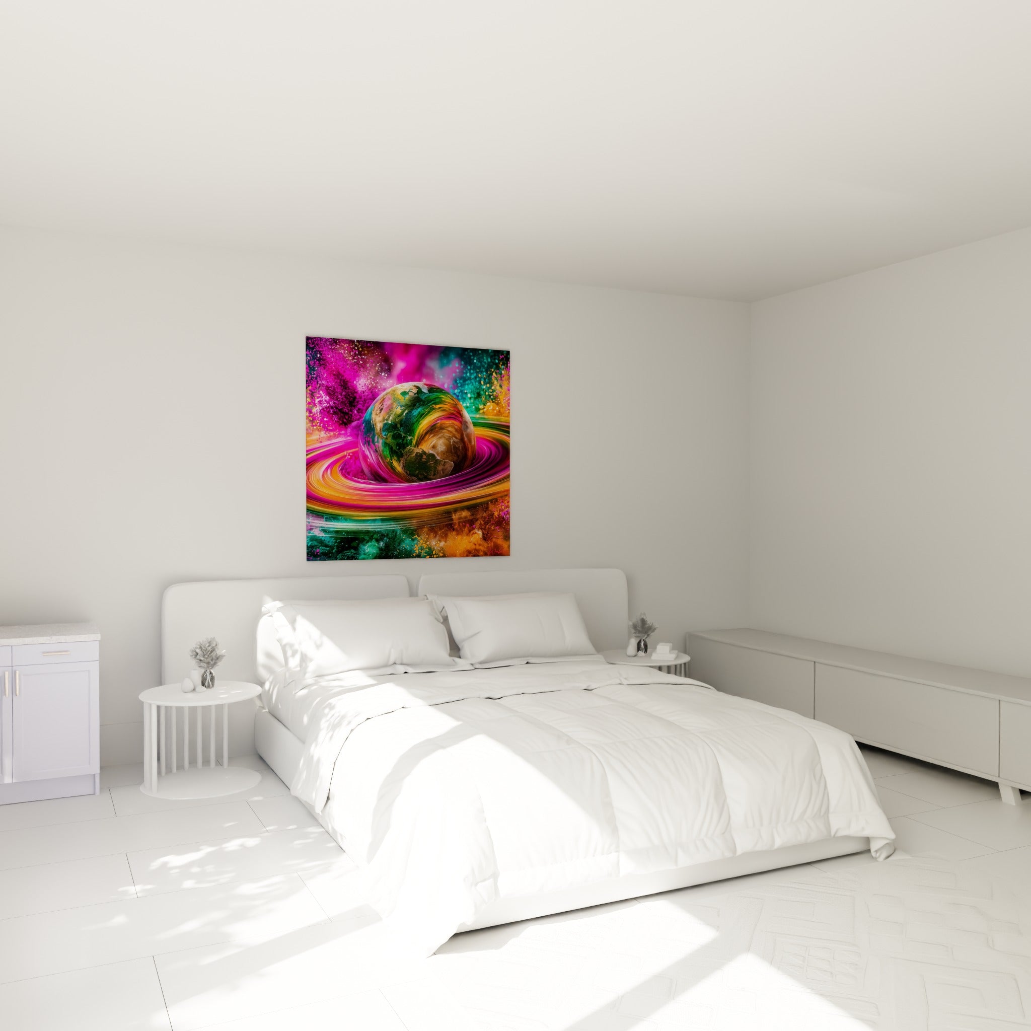 Globe terrestre aux teintes vertes et fuchsia tourbillonnantes accroché au-dessus d'un lit dans une chambre claire