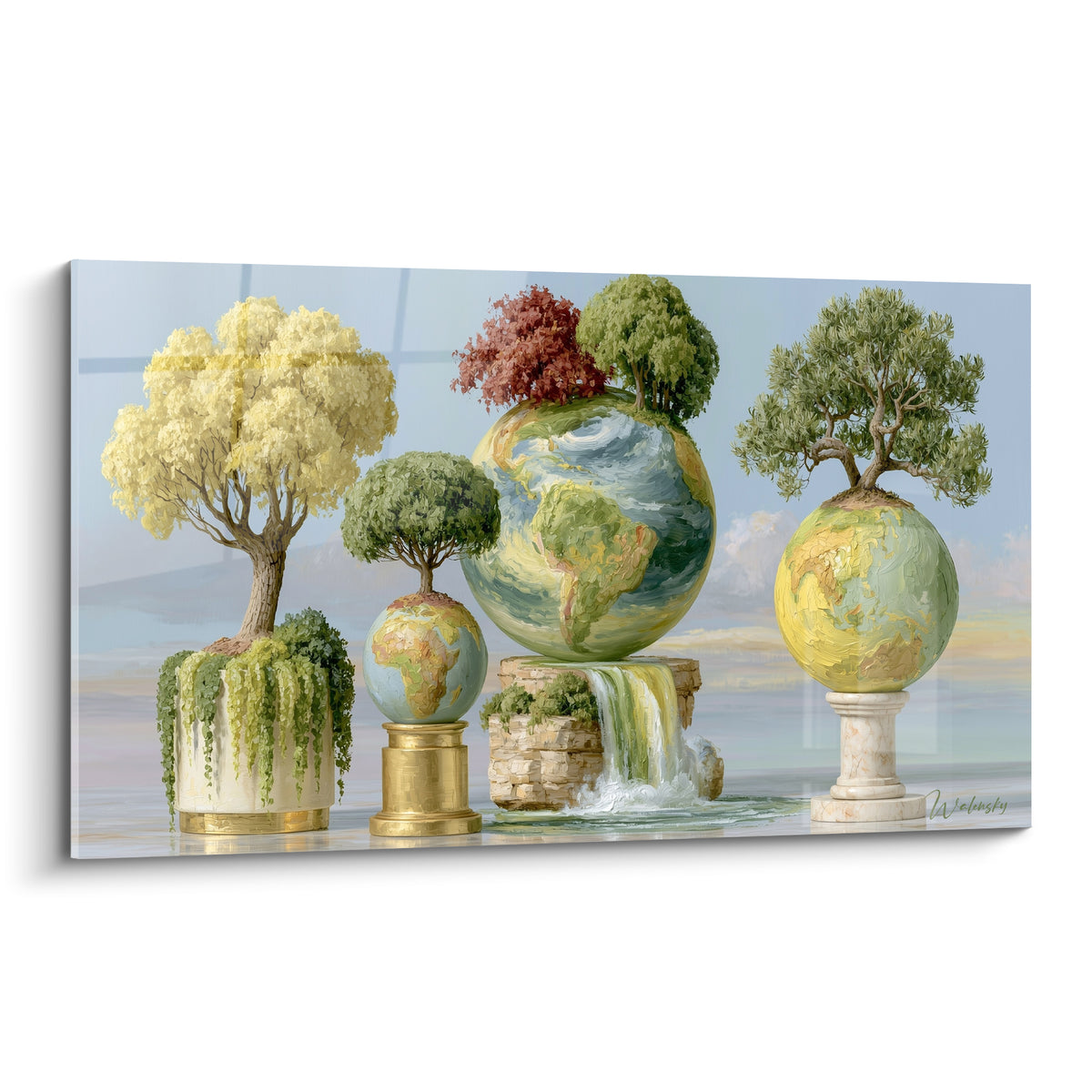 Planète en quatre globes arborés vert sauge et doré, cascade centrale, style pictural raffiné
