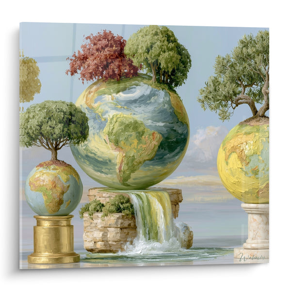 Tableau Globes terrestres verts et bleus en cascade - Renaissance des mondes - Edition Planète