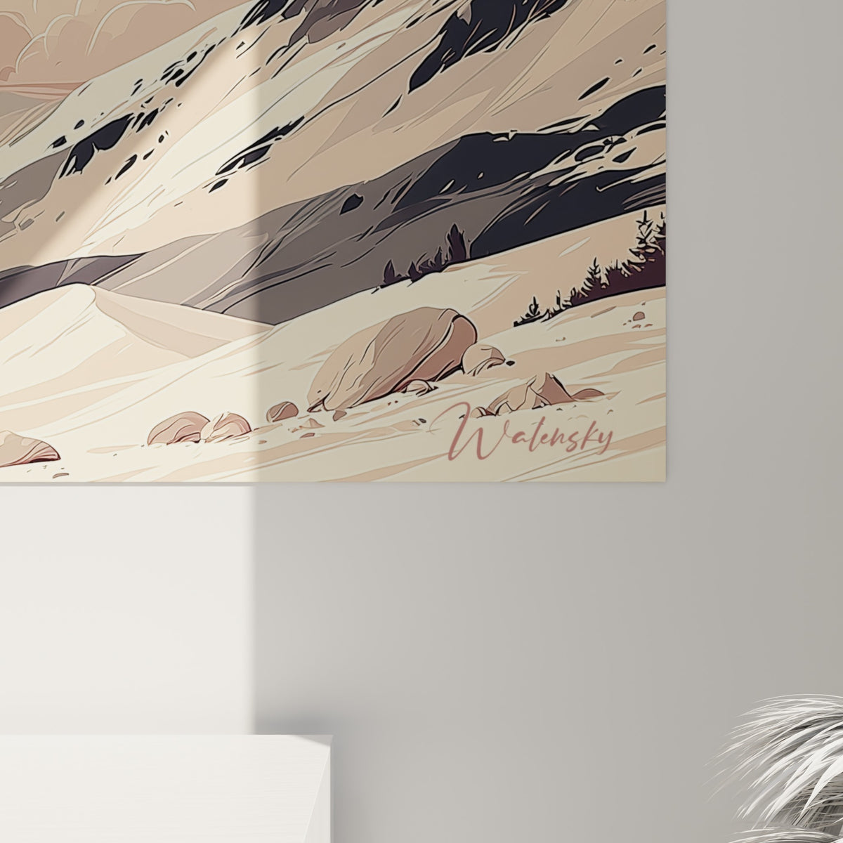 Détail des nuages beige et du trait graphique rosé de la planète annelée à distance rapprochée