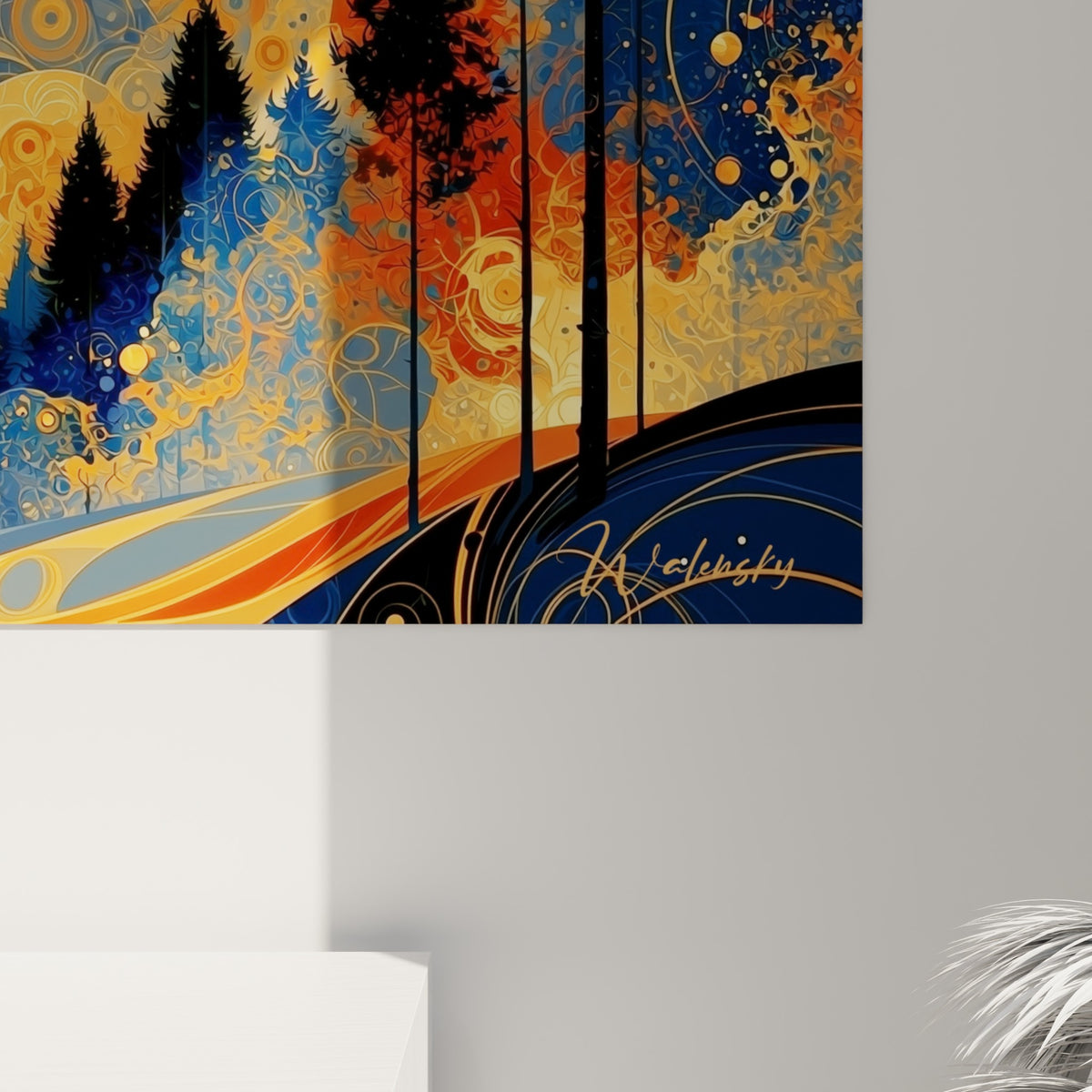 Grain fin des cercles orangés et traits dorés se touchent aux bleus profonds, empâtements visibles sur la toile