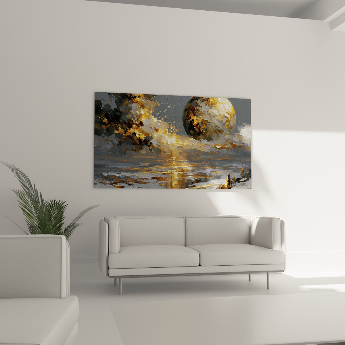 Globe doré cerné de gris anthracite et reflets cuivrés, tableau Planète au-dessus d'un canapé dans un salon lumineux