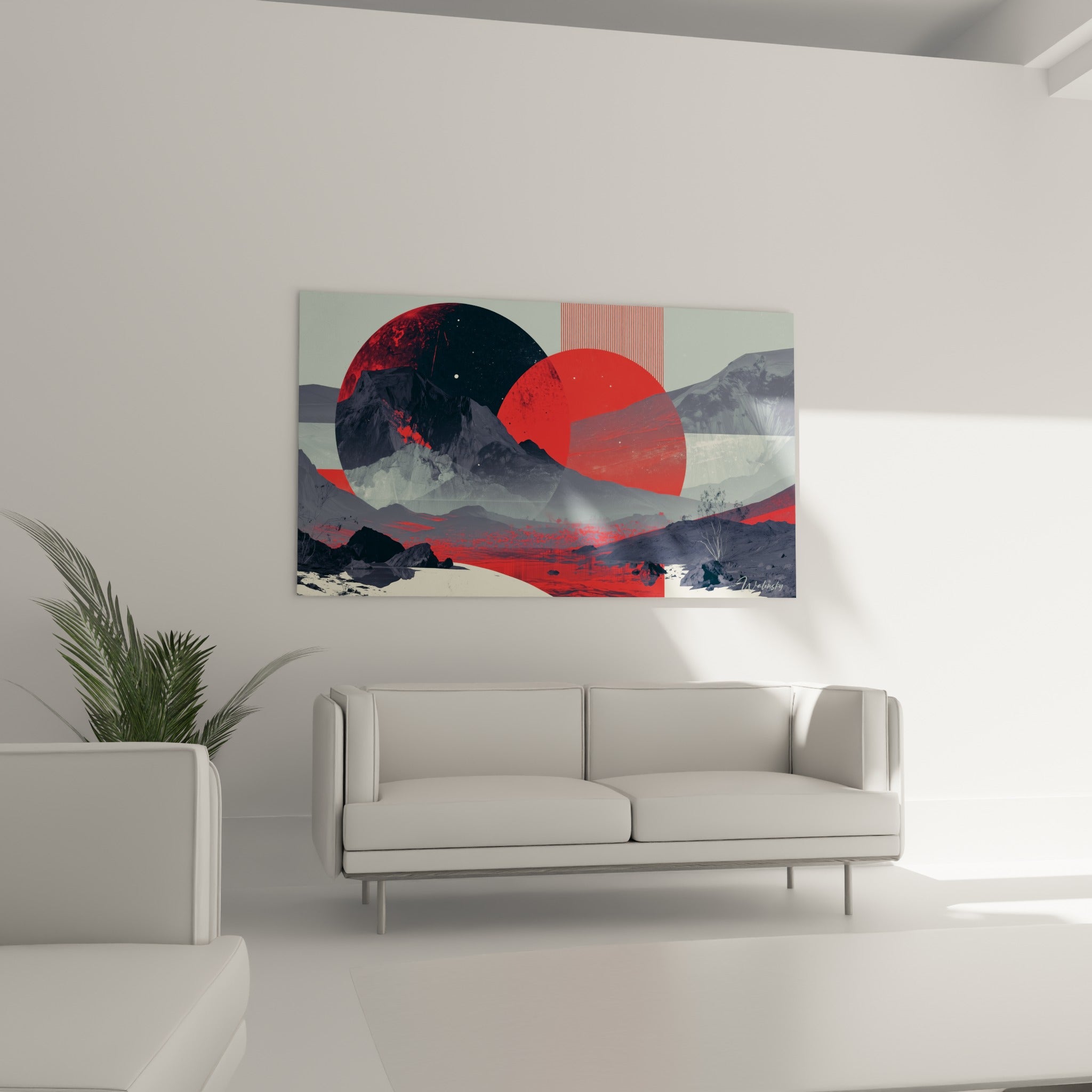 Cercles cosmiques rouge et noir surplombant des sommets rocheux, au-dessus d'un canapé dans un salon lumineux