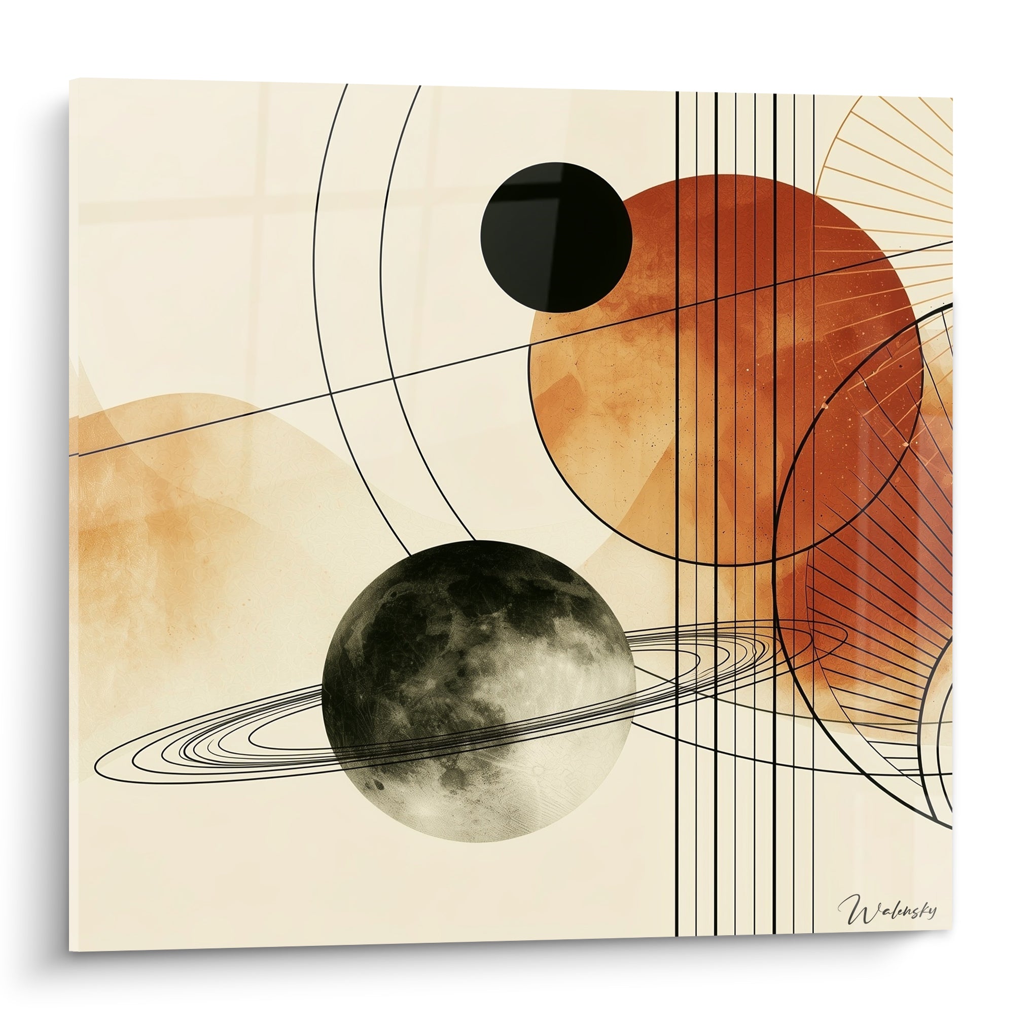 Planète grise cerclée d'anneaux et sphère terracotta sur fond ivoire, composition géométrique abstraite.