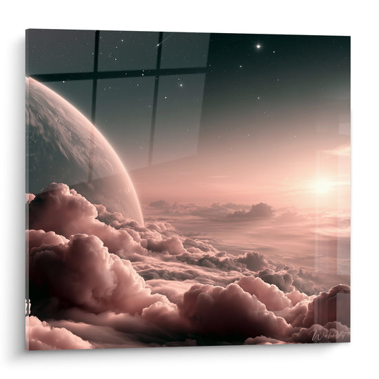 Planète grise surplombant une mer de nuages roses et un ciel anthracite étoilé au lever du soleil