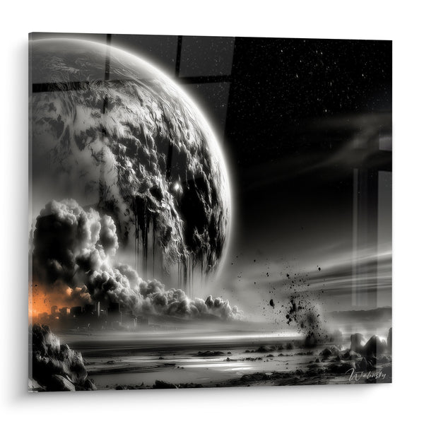 Tableau Planète géante grise et orange sur paysage dévasté - Apocalypse céleste - Edition Planète