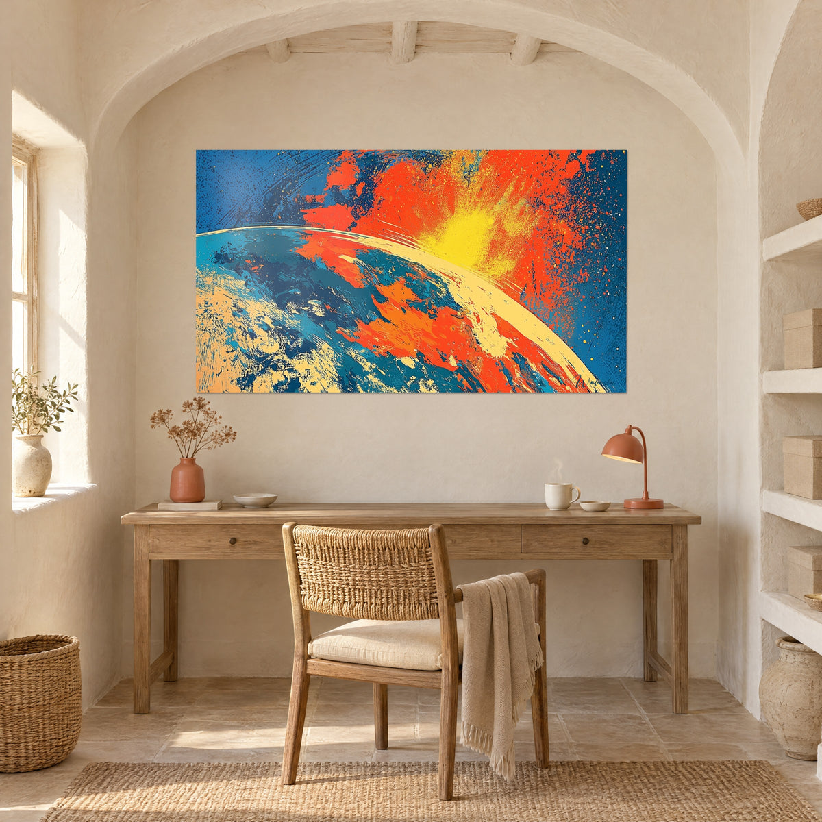 Tableau aurore cosmique aux éclaboussures orange et jaunes, sur fond bleu nuit, au-dessus d'un bureau en bois et d'une chaise en rotin