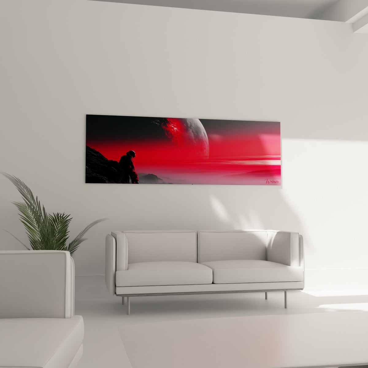 Explorateur solitaire contemplant l'horizon rouge et gris, au-dessus d'un canapé dans un salon lumineux