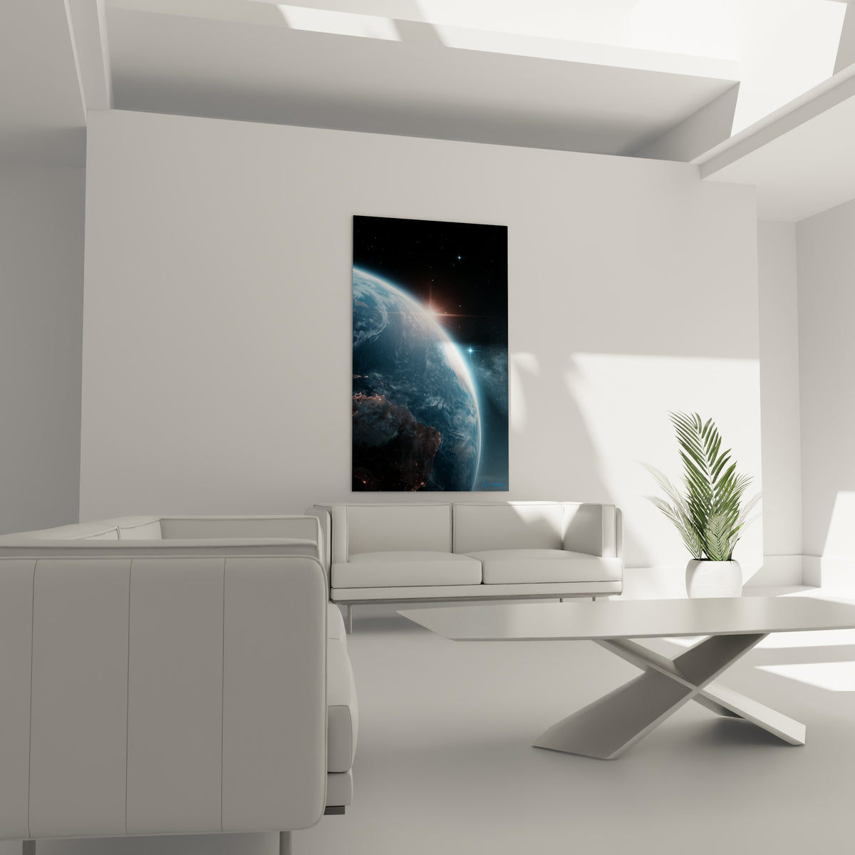 Globe terrestre bleu et noir illuminé par un soleil blanc perçant, suspendu au-dessus d'un canapé dans un salon lumineux