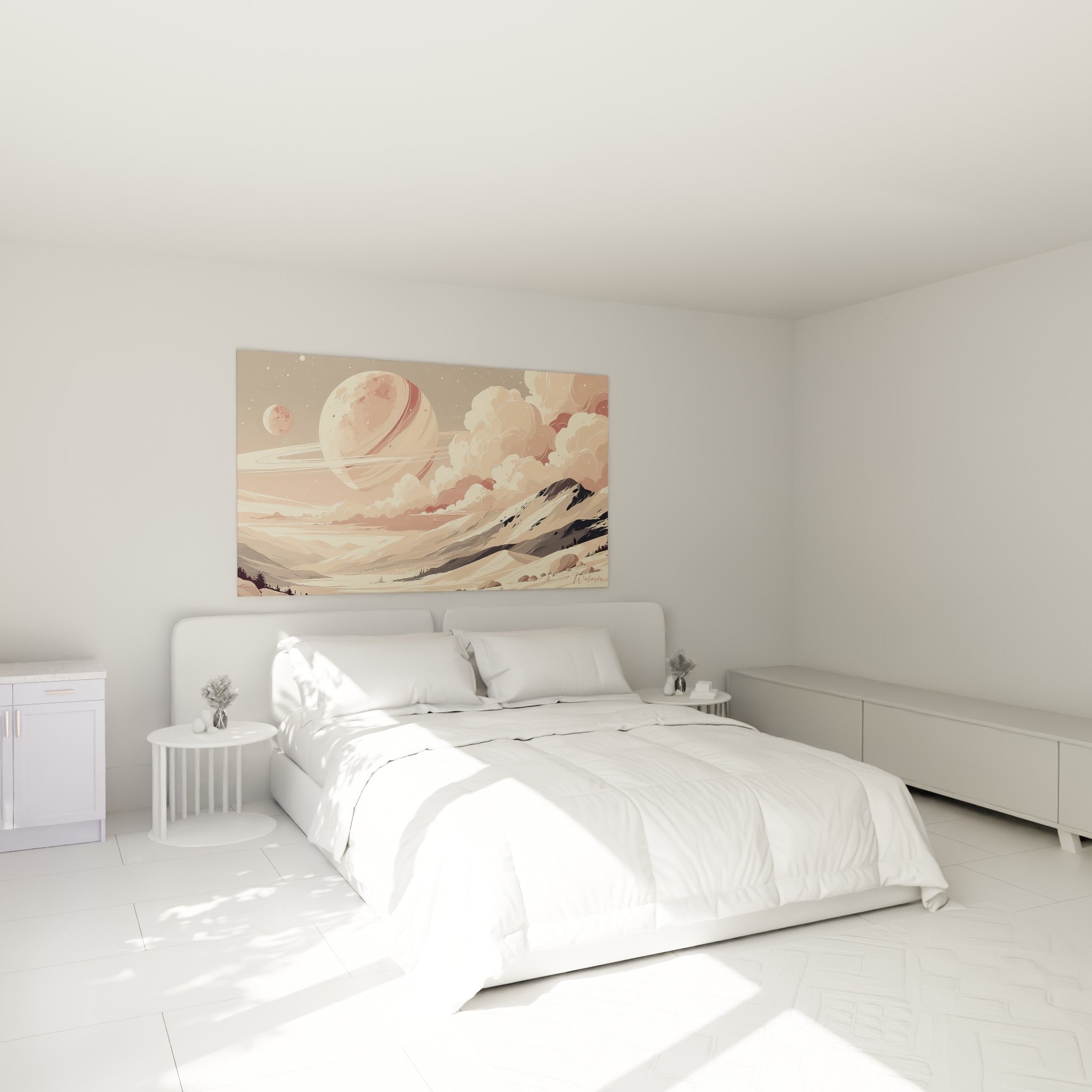 Paysage cosmique planète rose et beige sable accroché au-dessus d'un lit dans une chambre claire