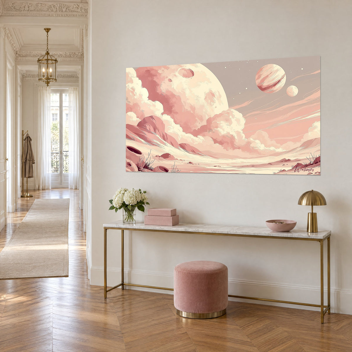 Wall art ivory celestial body with powdery craters, pearl grey sky and pale pink clouds, above a gilded console, three-quarter view