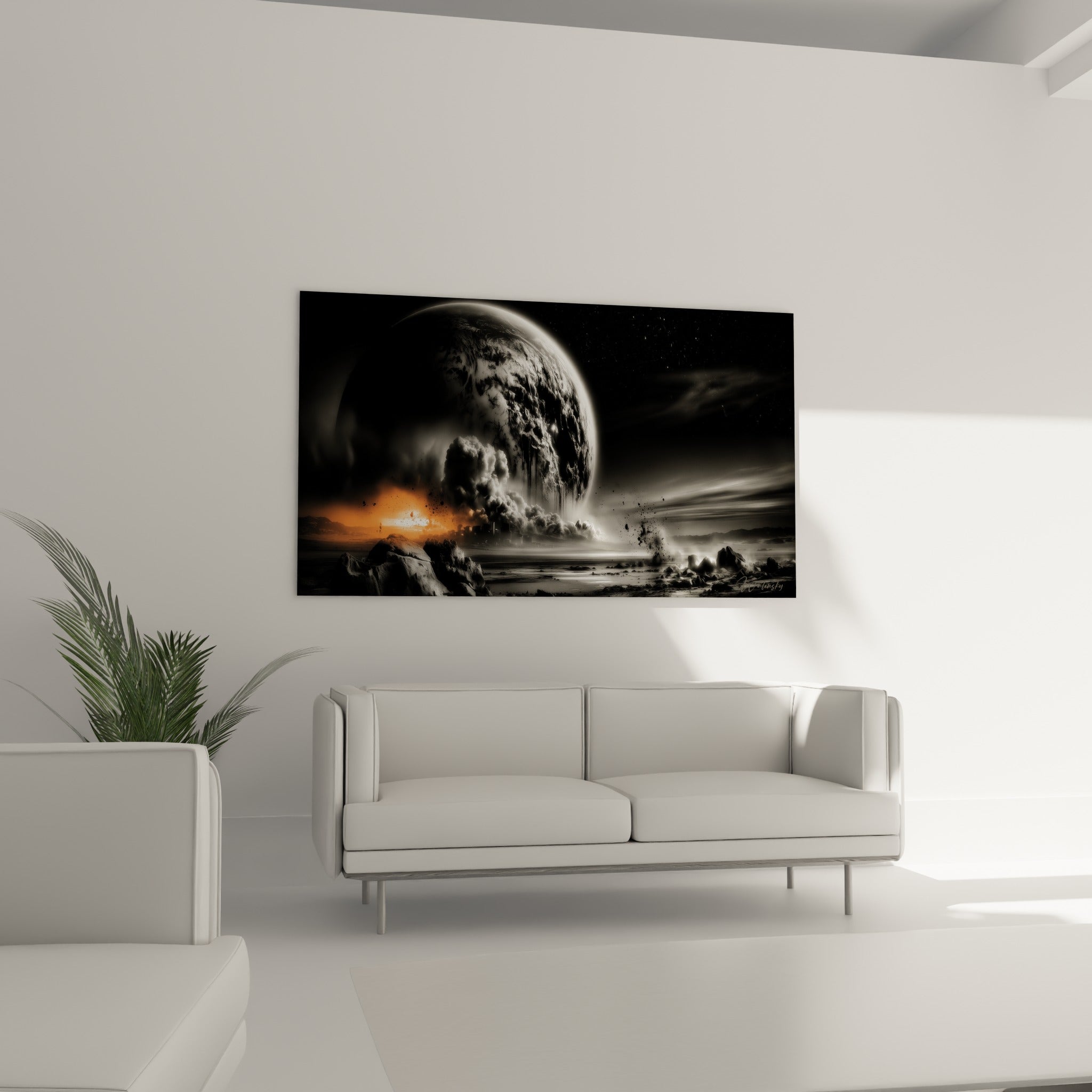 Lune anthracite et impact orange vif au-dessus d'un canapé dans un salon lumineux
