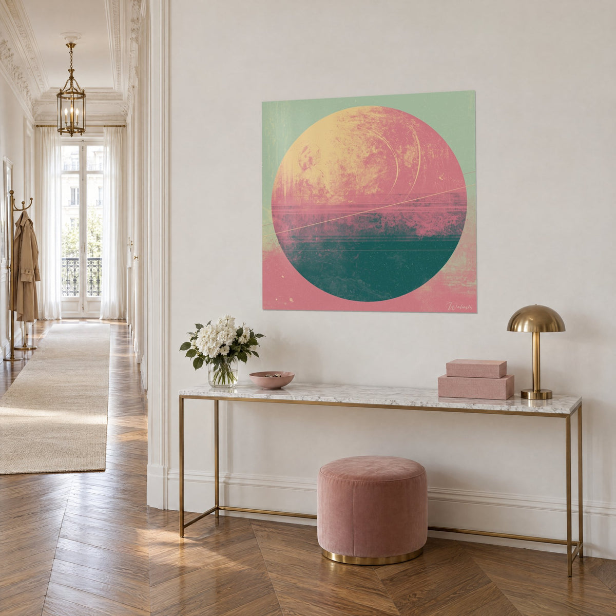 Wall art disc in coral pink with fine stripes, dark green base and sage sky, in a Haussmann-style corridor