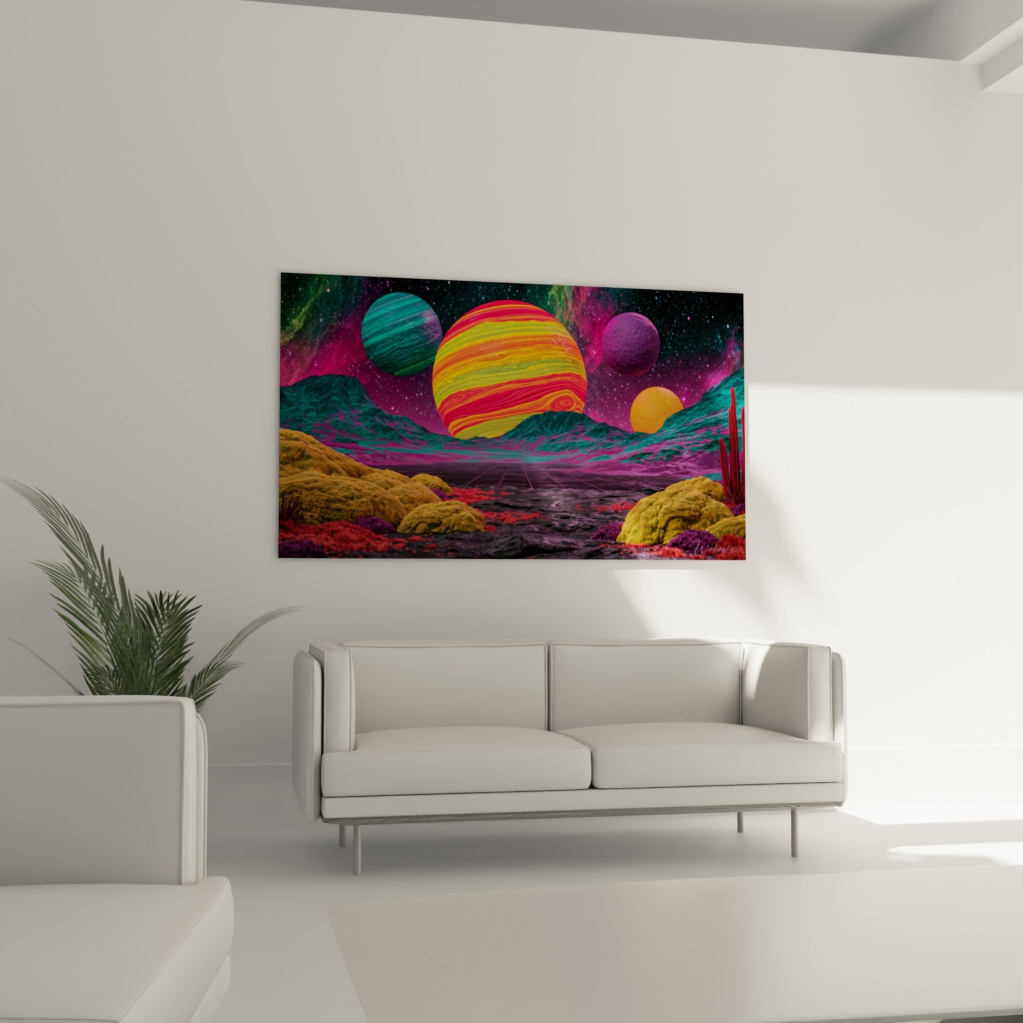 Astre orange et jaune domine un décor mauve et turquoise, accroché au-dessus d'un canapé dans un salon lumineux.