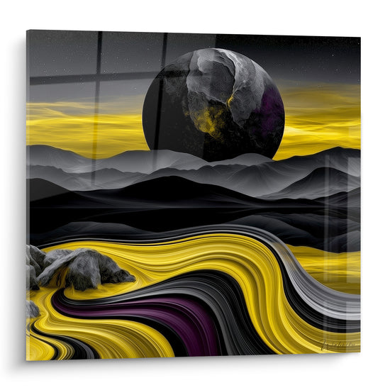 Astre anthracite et violet s'élevant sur des dunes jaunes et noires ondulantes, tableau Planète