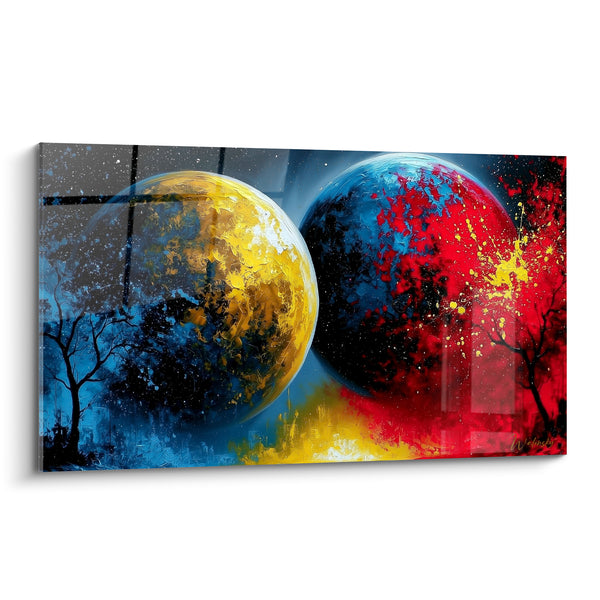 Gemälde Zwei Planeten gelb und rot nebeneinander - Kosmisches Front-to-Face - Planeten Edition
