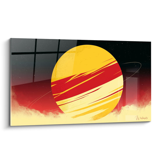 Planète dorée striée de rouge intense flottant sur un fond noir étoilé, style graphique