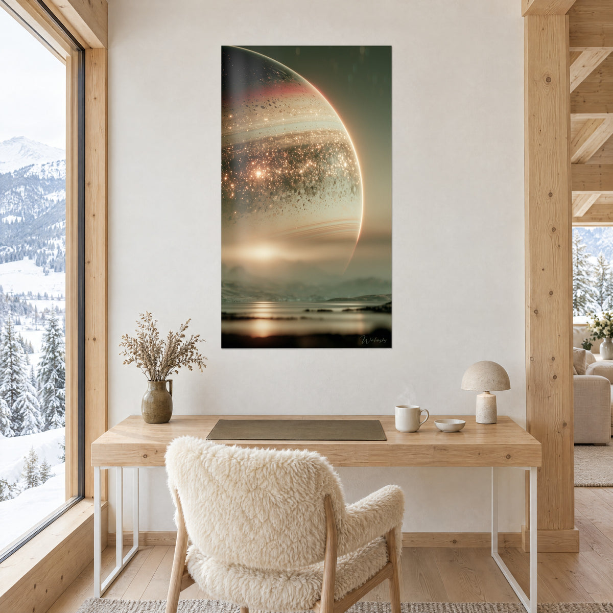 Tableau planète nacrée aux bandes crème et corail, lac brumeux et double reflet doré, au-dessus d'un bureau en bois
