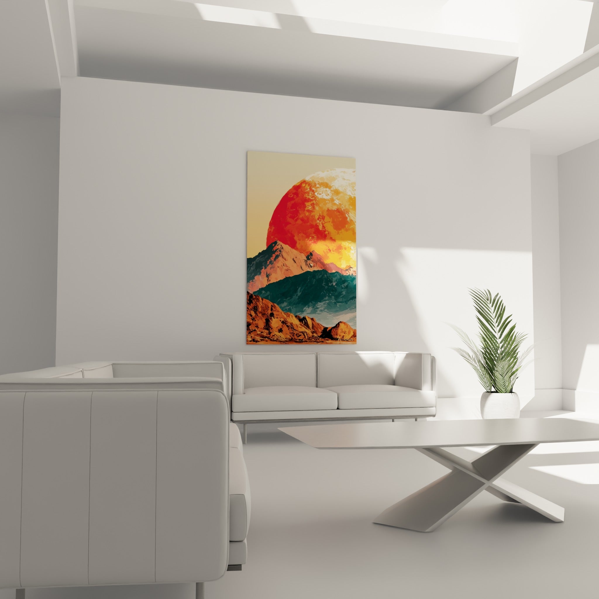 Sphère planète incandescente aux tons rouge et orange, au-dessus d'un canapé dans un salon lumineux