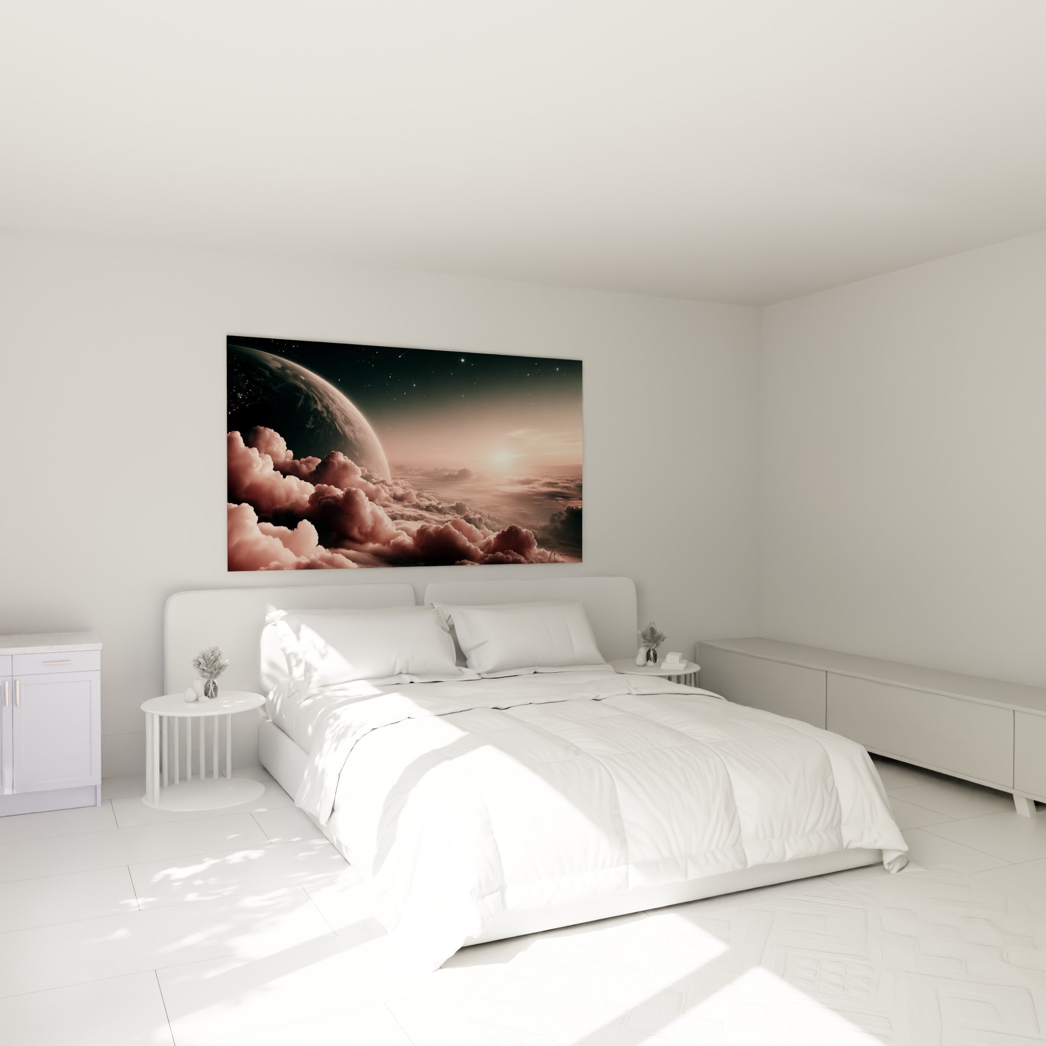 Nuages roses et planète étoilée en toile de fond, œuvre accrochée au-dessus d'un lit dans une chambre claire