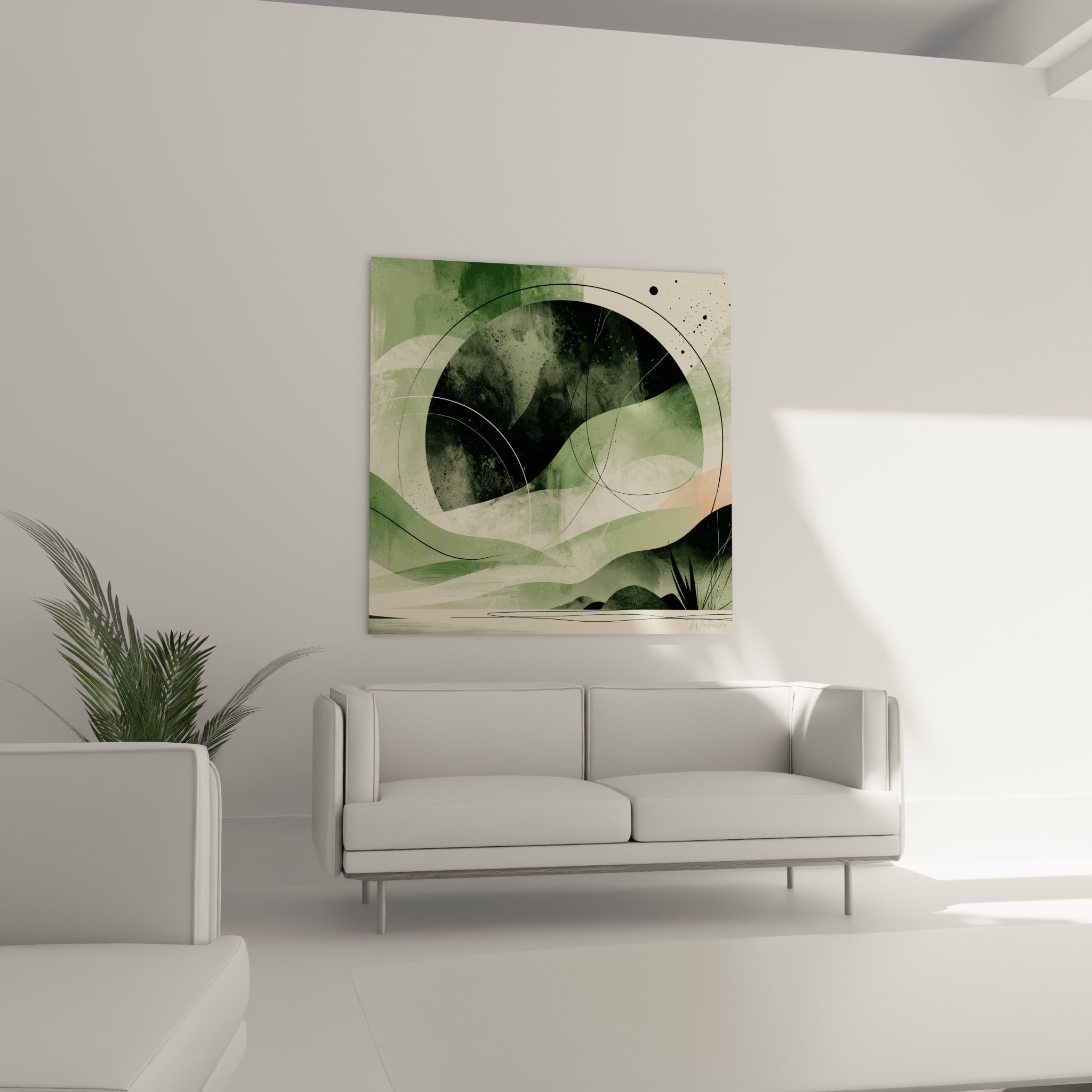 Collines vert sauge et sphère noire texturée avec touche corail, au-dessus d'un canapé dans un salon lumineux