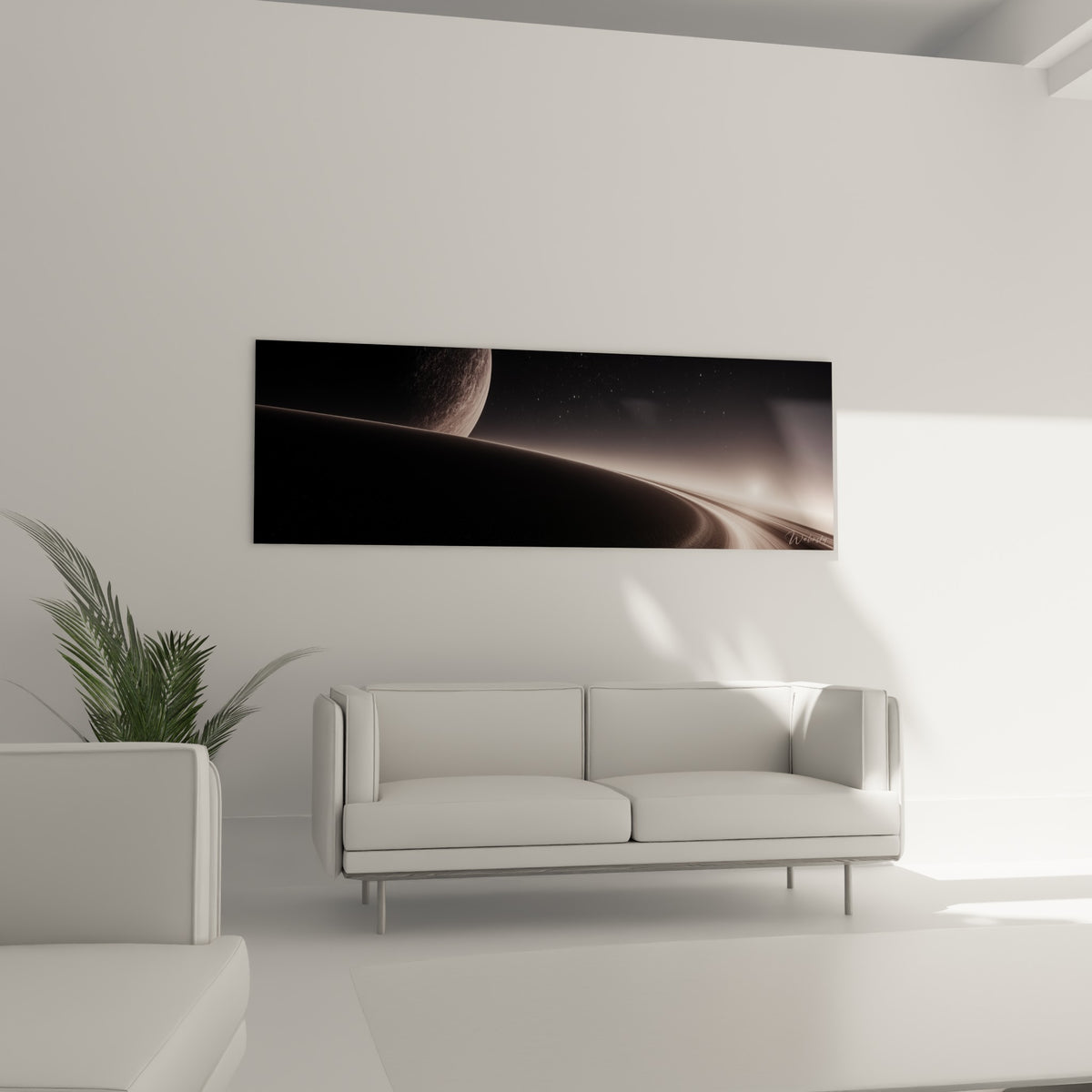 Horizon anthracite et lueur dorée traversent ce tableau Planète, au-dessus d'un canapé dans un salon lumineux