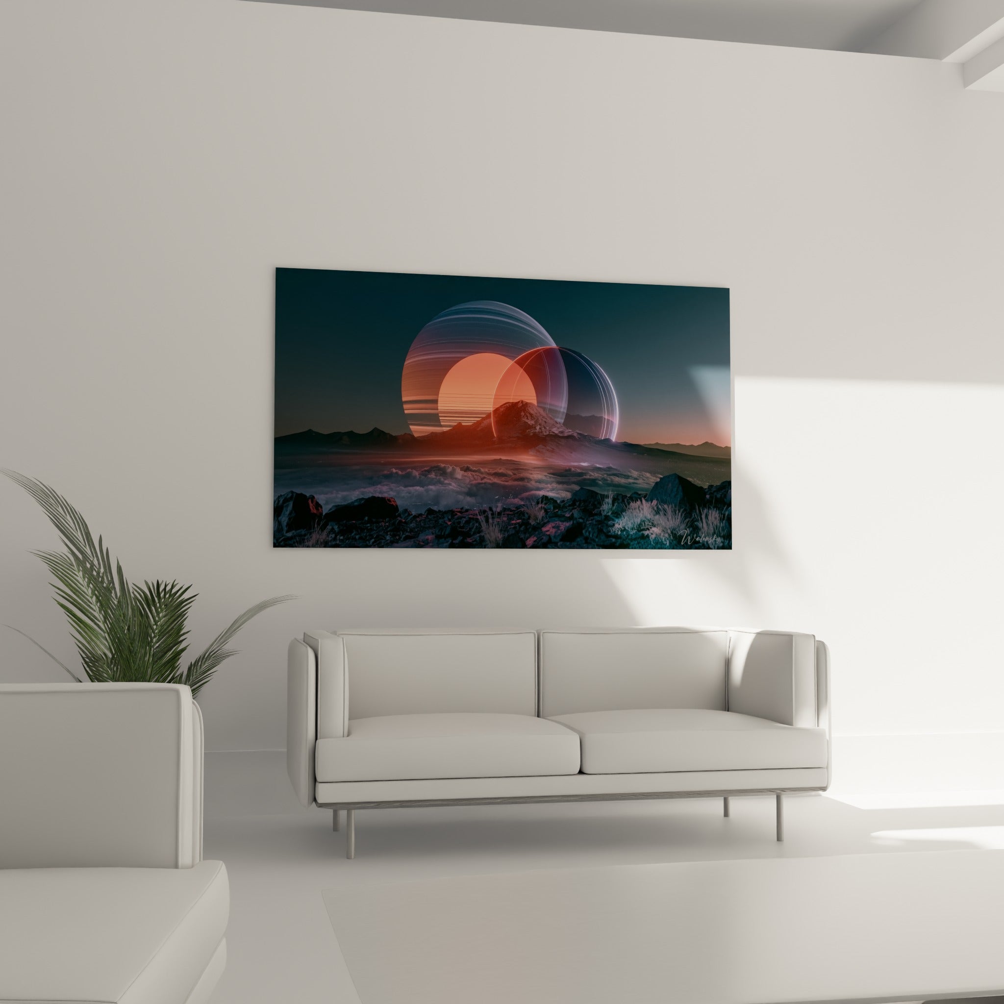 Anneaux célestes rouge orangé et anthracite entourant un pic montagneux, au-dessus d'un canapé dans un salon lumineux.